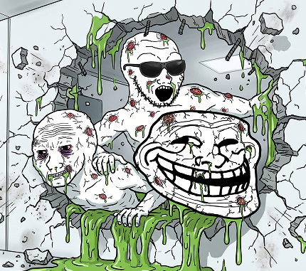Infected viruses bursting through a cracked wall, dripping green slime